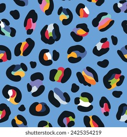 Leo seamless pattern. Random placed, abstract multi colored shapes, wildcat skin imitate. Animal skin all over surface print for fabric, paper, package. Leopard vector background. Modern wallpaper