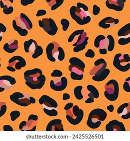 Leo seamless pattern. Random placed, abstract multi colored shapes, wildcat skin imitate. Animal skin all over surface print for fabric, paper, package. Leopard vector background. Modern wallpaper