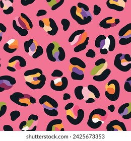 Leo seamless pattern. Random placed, abstract multi colored shapes, wildcat skin imitate. Animal skin all over surface print for fabric, paper, package. Leopard vector background. Modern wallpaper