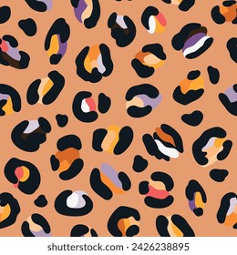 Leo seamless pattern. Random placed, abstract multi colored shapes, wildcat skin imitate. Animal skin all over surface print for fabric, paper, package. Leopard vector background. Modern wallpaper