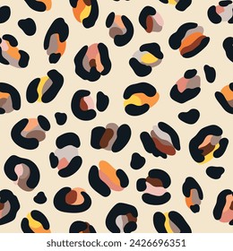 Leo seamless pattern. Random placed, abstract multi colored shapes, wildcat skin imitate. Animal skin all over surface print for fabric, paper, package. Leopard vector background. Modern wallpaper