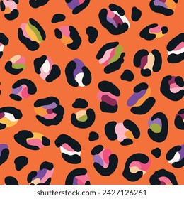 Leo seamless pattern. Random placed, abstract multi colored shapes, wildcat skin imitate. Animal skin all over surface print for fabric, paper, package. Leopard vector background. Modern wallpaper