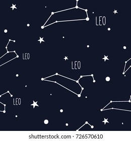 Leo. Seamless pattern with zodiac sign. Night sky with stars and constellations. Hand drawn astrological vector background.