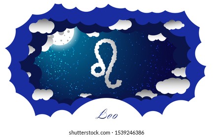 Leo sign in cloud style. Zodiac signs. Paper cut out style vector image of leo symbol on starry sky illuminated by full moon and surrounded by clouds with sign and constellation name 