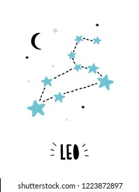 Leo Sign. Cute Bright Hand Drawn Zodiac Vector Illustration. Blue, Black and Light Gray Stars on a White Background. Black Moon. Childish Style Starry Sky Vector Illustration. Black Handwritten Text.