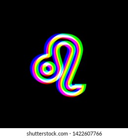 Leo sign illustration. Red, green and blue unfocused contour icon at black background. Illustration.