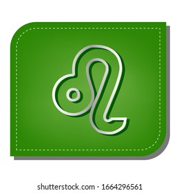 Leo sign illustration. Silver gradient line icon with dark green shadow at ecological patched green leaf. Illustration.