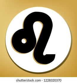 Leo sign illustration. Vector. Black icon with light brown shadow in white circle with shaped ring at golden background.