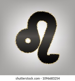 Leo sign illustration. Vector. Blackish icon with golden stars at grayish background.