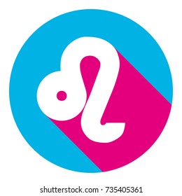 Leo sign illustration. Vector. Flat white icon with mexican pink shadow inside sky blue(S and G) circle at white background. Isolated. Trend colors in 2017.