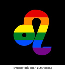 Leo sign illustration. Vector. Icon with colors of LGBT flag at black background.