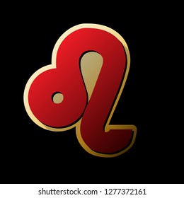 Leo sign illustration. Vector. Red icon with small black and limitless shadows at golden sticker on black background.
