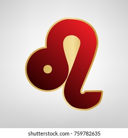 Leo sign illustration. Vector. Red icon on gold sticker at light gray background.