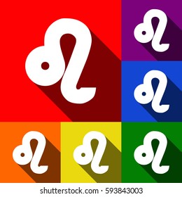 Leo sign illustration. Vector. Set of icons with flat shadows at red, orange, yellow, green, blue and violet background.