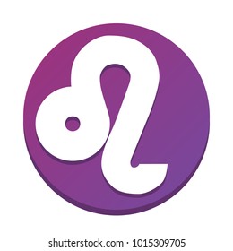 Leo sign illustration. Vector. White icon with flat shadow on purpureus circle at white background. Isolated.