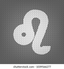 Leo sign illustration. Vector. White knitted icon on gray knitted background. Isolated.