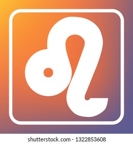 Leo sign illustration. Vector. White icon on transparent button at orange-violet gradient background.