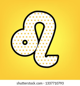 Leo sign illustration. Vector. Yellow polka dot white icon with black contour at warm yellow background.