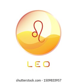 Leo sign vector icon. Zodiac sign encapsulated in yellow glass ball with sign name isolated on white background. Vector illustration.
