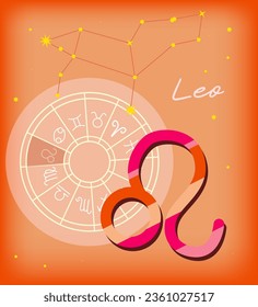 Leo sign, zodiac Background. Beautiful and simple vector image of orange, starry sky with leo zodiac constellation with encapsulated leo sign and constellation name