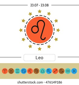 Leo. Signs of zodiac, flat linear icons for horoscope, predictions.