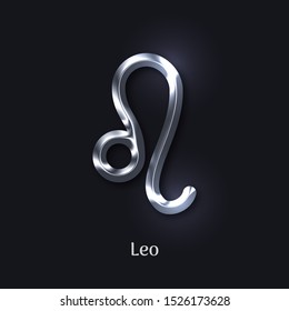 Leo silver metal zodiac sign isolated on dark background. Luxury star sign for astrology horoscope prediction. Realistic shiny stylized design of horoscope constellation vector illustration.