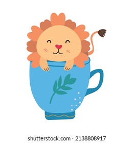 Leo sitting in a mug. Kids vector Illustration in cartoon flat and naive style