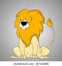 Leo sitting on the ground. Grey background. Cartoon zodiac series.