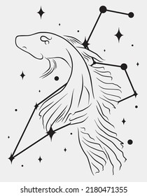 Leo star constellation with line art fish. Simple vector art. Magical black and white artwork.