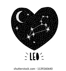 Leo Symbol.Naive Hand Drawn Zodiac Vector Illustration. Black Heart on a White Background. Black and White Stars and Moon. Starry Night Sky with Moon and Leo Sign in the Middle of Black Heart. 