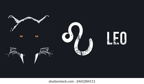 Leo. T-shirt design of the zodiac symbol next to a feline head in the dark.