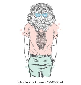 Leo T-shirt with a print and glasses. Vector illustration. Print for clothes , cards or posters .

