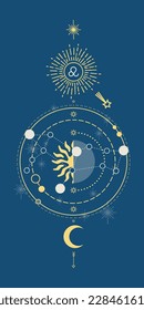 Leo Vector horoscope sign. Horoscope and astrology line symbols on dark background, zodiac celestial design elements.