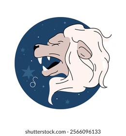 Leo vector horoscope sign. Zodiac lion icon in space. Astrology calendar card or celestial logo. Space mysterious tattoo. Animal constellation print. Astronomy and universe, cosmos badge or print.