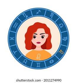 Leo. vector illustration. cute girl is like a zodiac sign. round symbol on a white background.