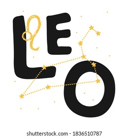 Leo vector zodiac sign. Hand lettering horoscope illustration in cute Scandinavian style. Isolated paint logo. Forecast 2021. Modern card background