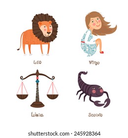 Leo, Virgo, Libra, Scorpio signs of Horoscope. Vector Illustration.