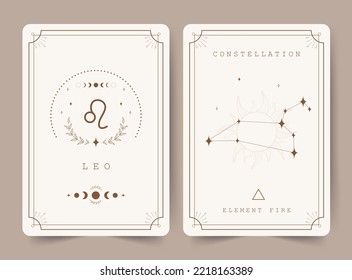 Leo. Witchcraft cards with astrology zodiac sign and constellation. Perfect for tarot readers and astrologers. Occult magic background. Horoscope template. Vector illustration in boho style.