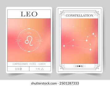 Leo. Witchcraft cards with astrology zodiac sign and constellation. Modern gradient blurred astrology posters in Y2k style. Perfect for tarot readers and astrologers. Vector illustration.