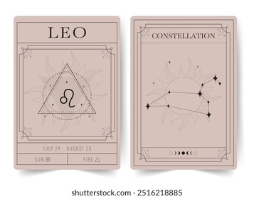 Leo. Witchcraft cards with astrology zodiac sign and constellation. Modern boho astrology posters. Perfect for tarot readers and astrologers. Vector illustration.