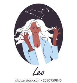  Leo woman avatar for zodiac sign. Girl, astrological character, celestial star constellation. Modern astrology, beautiful fashion cool female. Flat vector illustration hand drawn.