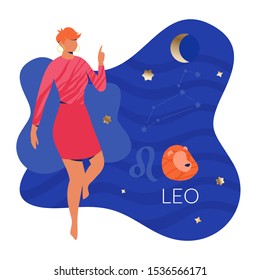 Leo woman zodiac and horoscope concept. Modern vector art with woman profile. Illustration for horoscope and astrology apps, dating websites, astrology predictions.