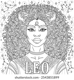 Leo Woman.Astrological Zodiac Sign.Coloring livro antistress para crianças e adultos. Ilustração isolada no estilo background.Zen-tangle branco. Desenho da mão