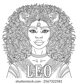 Leo Woman.Astrological Zodiac Sign.Coloring book antistress for children and adults. Illustration isolated on white background.Hand draw