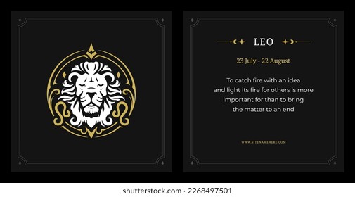 Leo zodiac astrology description horoscope data black vintage card design template set vector illustration. Lion mane character astrological symbol lunar calendar prediction fortune impression