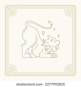 Leo zodiac astrology horoscope predator line art deco vintage card antique frame design vector illustration. Lion feline astrological lunar calendar symbol constellation celestial mythology decor