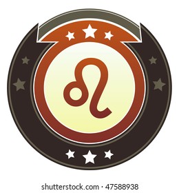 Leo zodiac astrology icon on round red and brown imperial vector button with star accents suitable for use on website, in print and promotional materials, and for advertising.