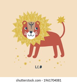 Leo zodiac character nursery poster. Cartoon horoscope vector illustration. Magical Boho baby spiritual astrological design. Scandinavian decorative childish print.