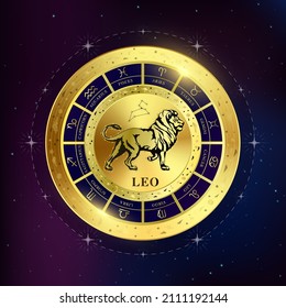 Leo zodiac coin. Witchcraft astrology for zodiac constellations. Modern magic divination. Gold coins sign isolated on a blue background esoteric. Realistic 3D vector EPS10 illustration.