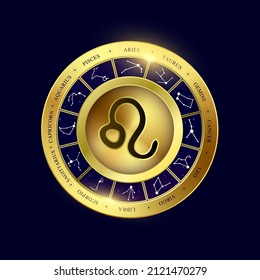 Leo zodiac coin. Witchcraft astrology for zodiac constellations. Modern magic divination. Gold coins sign isolated on a blue background esoteric. Realistic 3D vector EPS10 illustration.